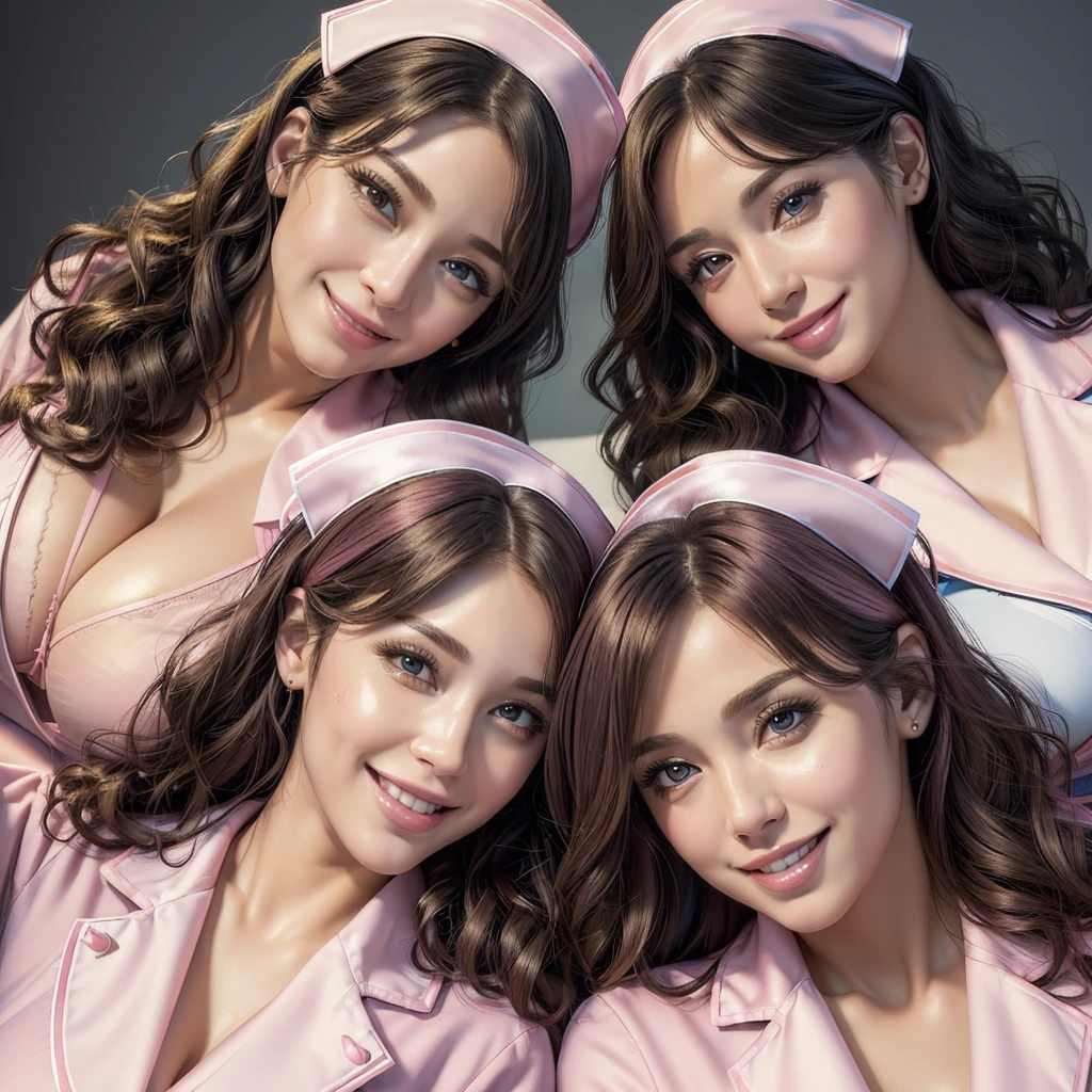 (best quality, masterpiece:1.5), (ultra-detailed, realistic:1.37),4K,(5woman:1.5),ameican,cute,beautiful,(pink nurse uniform:1.2),(black pantyhose),(big breast),(bra),smile,