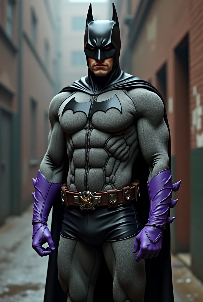Batman wearing a simple cotton fabric, padded bodysuit with detailed stitching seams. Black leather trunks over the bodysuit. Short purple gloves. No gauntlets and no spikes on gloves. Take inspiration from football uniforms from the 1930s. Photo realistic.