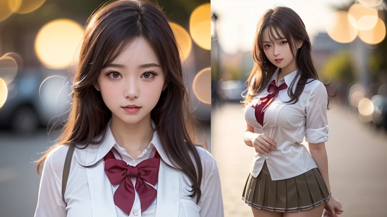 (2 Brown Hair, Great face and eyes, Pink Eyes, (胸元が開いたHigh School Uniform:1.2), Beautiful big breasts, Bare Chest, (Stunningly beautiful girl), Brown Hair, (High School Uniform, Pleated mini skirt:1.5), ((Best Quality)), (Ultra-detailed), (Very detailed8K統一CG壁紙), Very detailed, High-resolution RAW color photos, Professional photography, (((Bokeh))), Depth of written boundary,,Perfect body、(((1 female)))、(((Beautiful and accurate five fingers)))