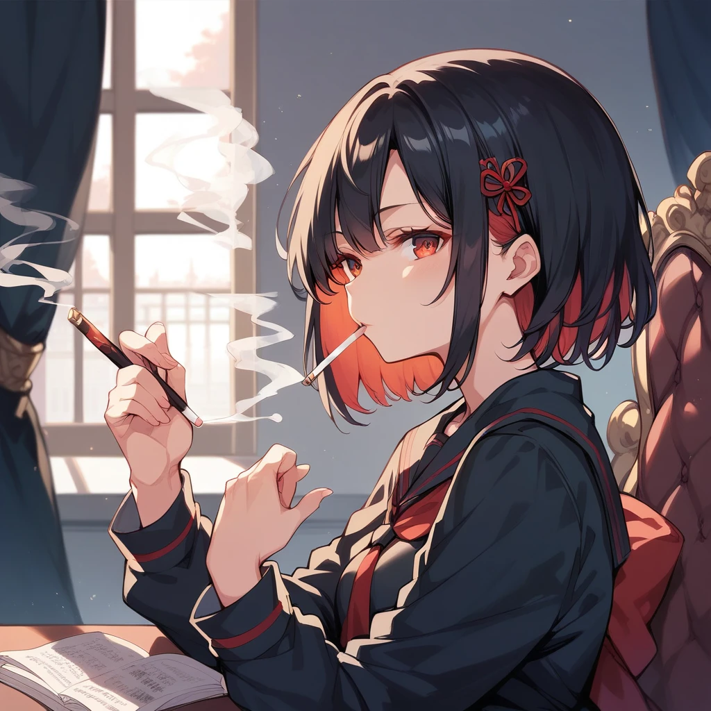 score_9, score_8_up, score_7_up, masterpiece, ultra-detailed, pretty eyes, anime-Style, sendou ayumu, Black hair , red Inner hair, Black serafuku, smoking,
