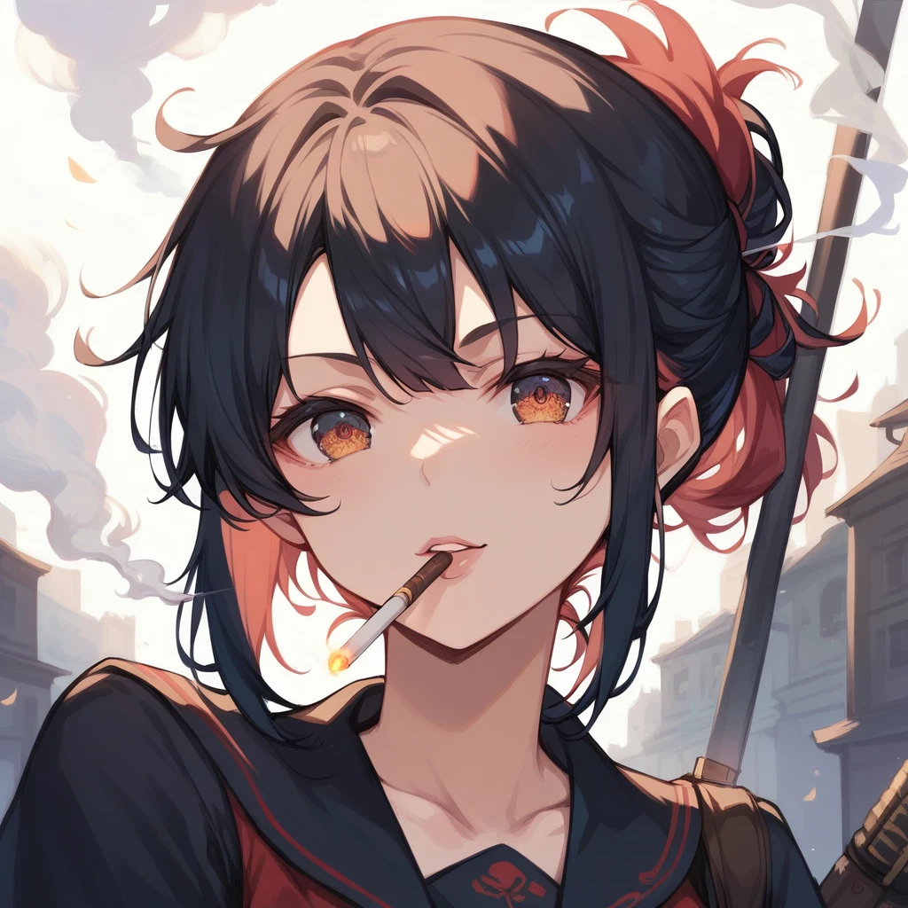 score_9, score_8_up, score_7_up, masterpiece, ultra-detailed, pretty eyes, anime-Style, sendou ayumu, Black hair , red Inner hair, Black serafuku, smoking,
