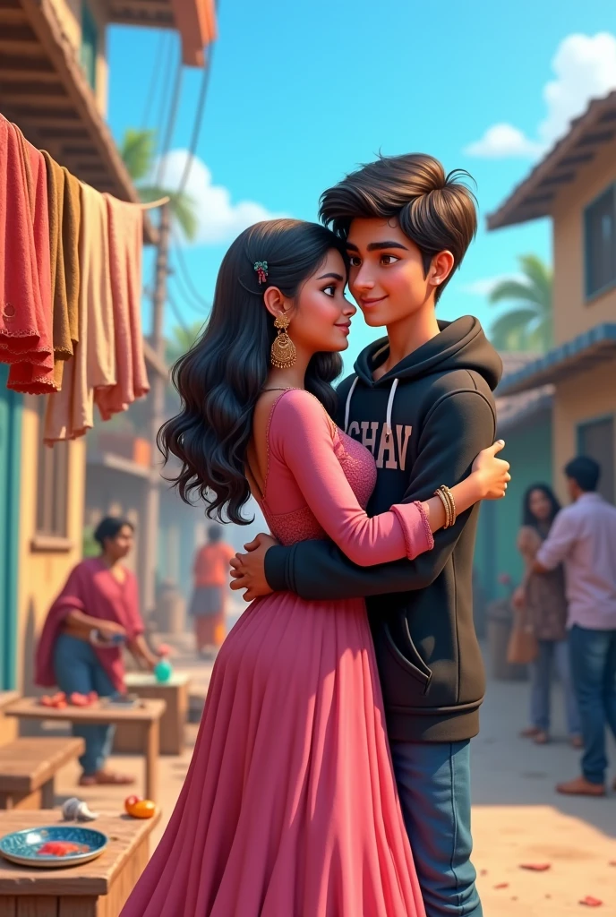 realistic indian 19-Year-old cute girl drying clothes with home top with rope wire and background of blue sky in Indian Street and wearing pink lehenga and 20 year old boy standing hugging girl back with Look at the girl with second home top boy Wearing black hoodie written name”Raghav’ on it by the way mother going home top around, some many going, and , 3D art painting realistic photo with high resolution.”