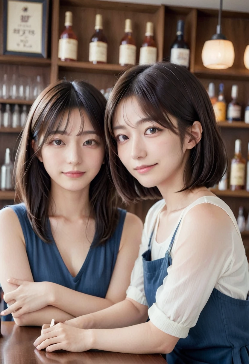 Three women waiting at the bar counter、shopkeeper、Age 35、long hair、Mom、28 years old、Short Bob、チーMom、Age 27、semi-long