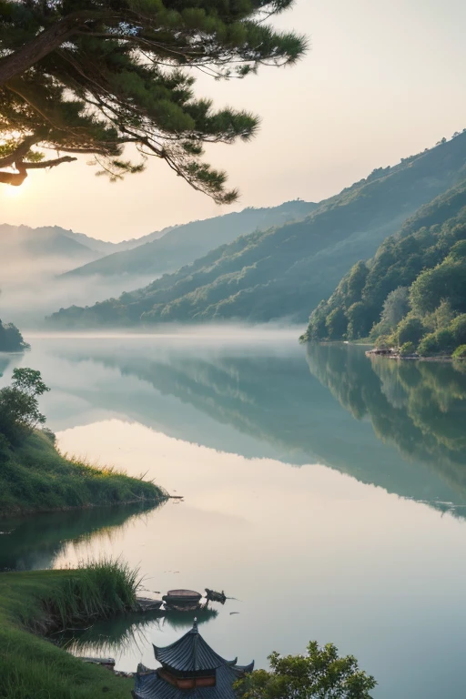 Highest quality、Landscape painting、Tranquil lakeside scenery、Foggy、dim