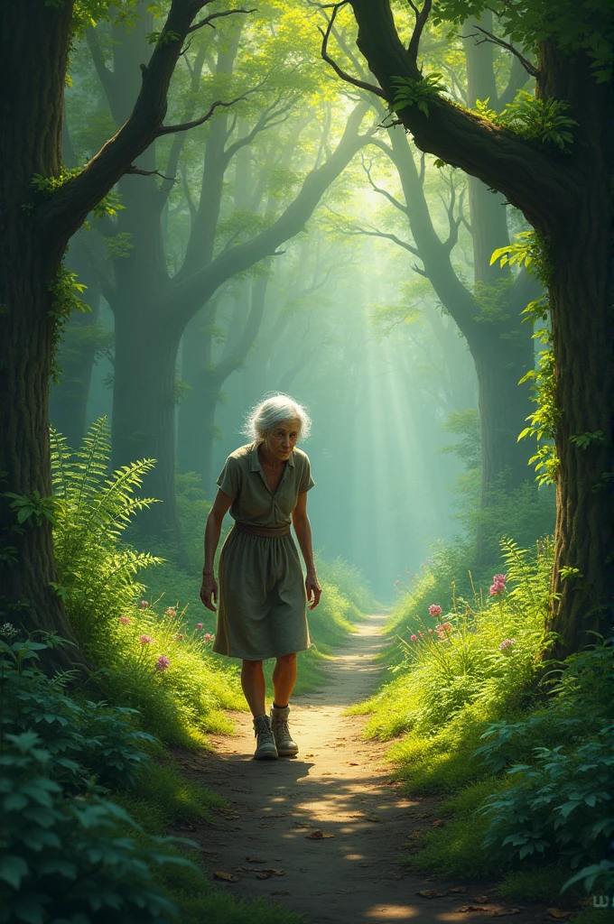 Old woman walking through forest