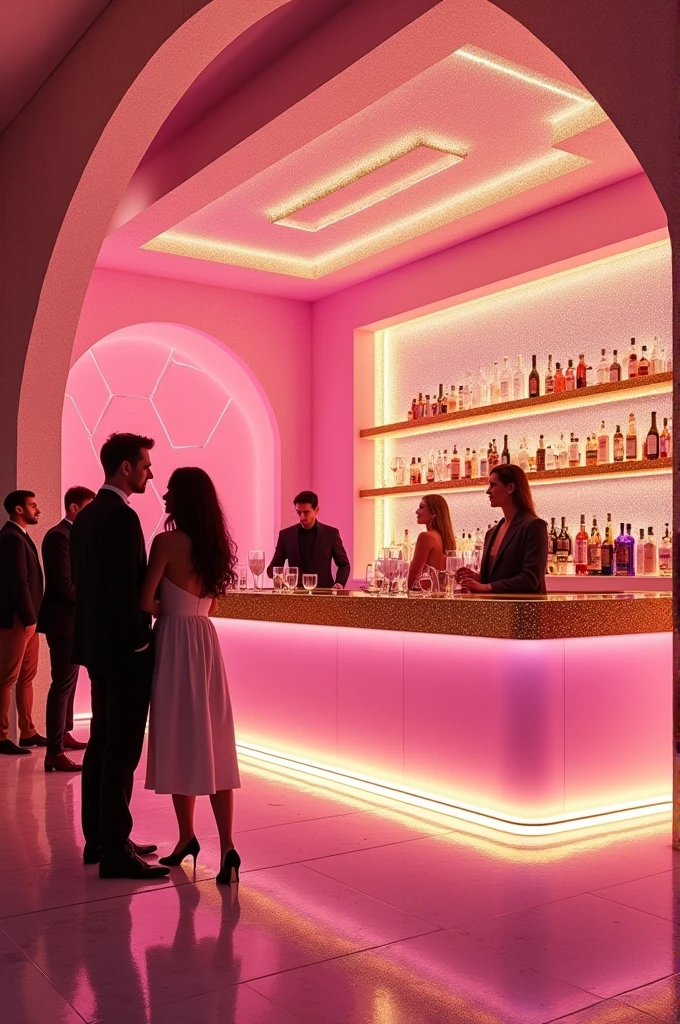 A bar at night, pastel pink with gold accents and pink glitter