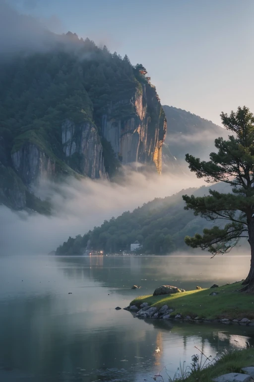 Highest quality、Landscape painting、Tranquil lakeside scenery、Foggy、dim