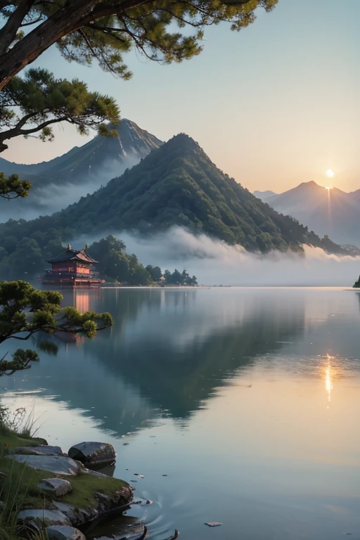 8,000-year-old hedonistic style Asian houses, ethereal 6,000-year-old plum trees, mountain peaks, lying in a white cloud wonderland, liquid clouds, emitting spore clouds, surreal water art, badly damaged walls, glowing flower-shaped clouds, slimy reflections, photos taken with Sony A7R camera, clear focus on the landscape,