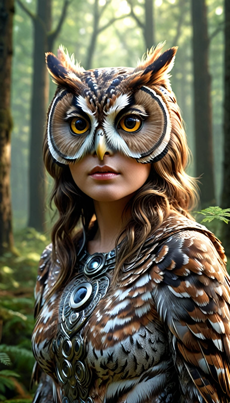 a person with a owl body and four eyes in a forest, highly detailed, (best quality,4k,8k,highres,masterpiece:1.2),ultra-detailed,(realistic,photorealistic,photo-realistic:1.37),extremely detailed animal, intricate patterns, realistic lighting