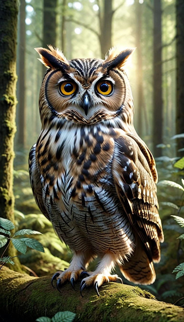 a person with a owl body and four eyes in a forest, highly detailed, (best quality,4k,8k,highres,masterpiece:1.2),ultra-detailed,(realistic,photorealistic,photo-realistic:1.37),extremely detailed animal, intricate patterns, realistic lighting
