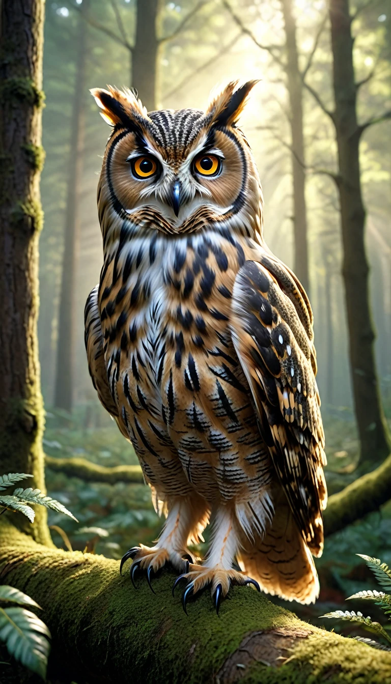 a person with a owl body and four eyes in a forest, highly detailed, (best quality,4k,8k,highres,masterpiece:1.2),ultra-detailed,(realistic,photorealistic,photo-realistic:1.37),extremely detailed animal, intricate patterns, realistic lighting