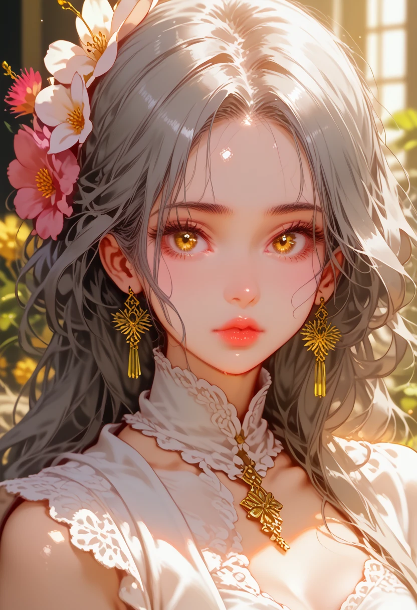 detail, Realism, 4K, 15 year old girl, Detailed faces, Big yellow eyes, Plump lips, upturned nose, gray hair with pink streaks, in a white dress, with a rabbit in his hands, Flowers in the background, White butterflies in the foreground, Realistic shooting, depth of field, Soft front light, Shine, HDR (muted colors: 1.2), Canon RF 100mm F2.Macro 8L is USM