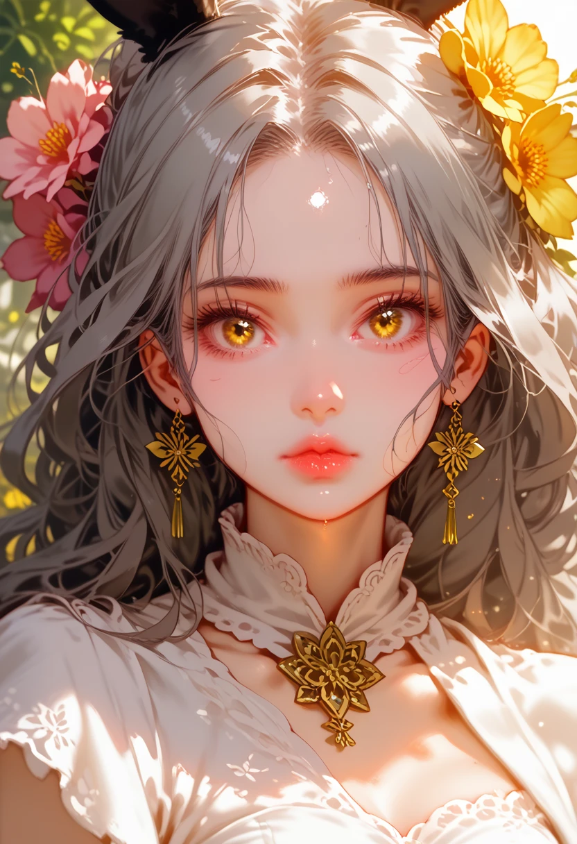 detail, Realism, 4K, 15 year old girl, Detailed faces, Big yellow eyes, Plump lips, upturned nose, gray hair with pink streaks, in a white dress, with a rabbit in his hands, Flowers in the background, White butterflies in the foreground, Realistic shooting, depth of field, Soft front light, Shine, HDR (muted colors: 1.2), Canon RF 100mm F2.Macro 8L is USM