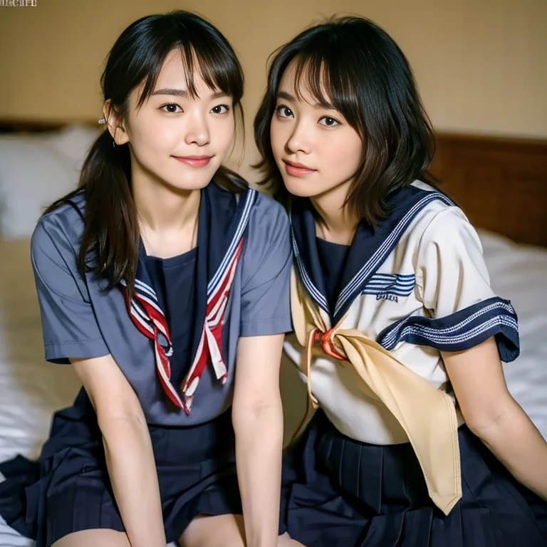 (Masterpiece, Best quality:1.4), (Ultra realistic, Photo-realistic:1.2), Natural light, 25 years old actress, Japanese women, Neat and clean, (Sailor suit, short sleeve suit:1.2), (Dark navy skirt:1.3), (Dark navy ribbon:1.2),(Ponytail:1.2), Short wavy hair, Light brown hair color, (Beautiful Face), Oval face, clear, (Beautiful eyes, Kind eyes), (Clear skin), Small face, (Small mouth), (Beautiful mouth), Natural makeup, Approachable, Luxury hotel Suite room, On bed, Seductive smile, (Seductive pose:1.2), (Beautiful thighs:1.1), (Bedroom eyes), (nsfw:1.1), (nude:1.1), (lesbian couple:1.1), (petting together), obscene reality of girls, (crotch rub:1.1), (small breasts:1.1), (Beautiful breasts:1.1), small nipples, doggystyle,