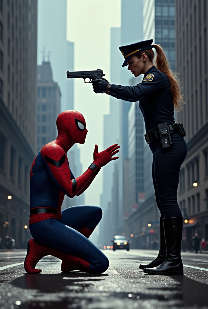 a fight between Spider-Man and the lady police and the lady police is stopping Spider-Man from moving forward, She taking gun in her hand and Spiderman an kneeling down in front of lady police