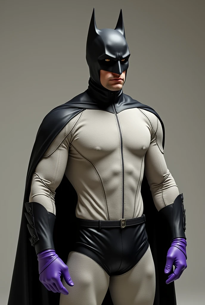 Batman wearing a simple cotton fabric, padded bodysuit with detailed stitching seams. Provide interesting but detailed seams. Black leather trunks over the bodysuit. Short purple gloves. No gauntlets and do no include fins on gloves. Take inspiration from football uniforms from the 1930s. Photo realistic.