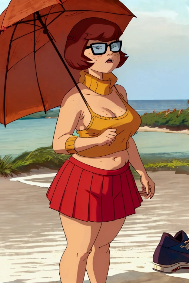 1girl, breasts, freckles, beach, skirt, solo, glasses, brown_hair, thighs, shoes, thick_thighs, plump, hair_bow, bow, socks, outdoors, black-framed_eyewear, short_hair, huge_breasts, lying, navel, cleavage, sand, red_skirt, body_freckles, starfish, pleated_skirt, underwear, panties, red_bow, day, red_footwear, beach_towel, ocean, towel, sneakers, sweat, on_back, umbrella, flower, fat