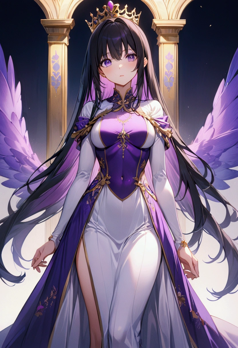 An adult tall woman, a war goddess, black hair with gray streaks, high ponytail, purple eyes, divine light, open white clothes, indifferent gaze, lipstick, dragon horns and tail, spears, reference, full height, phoenix