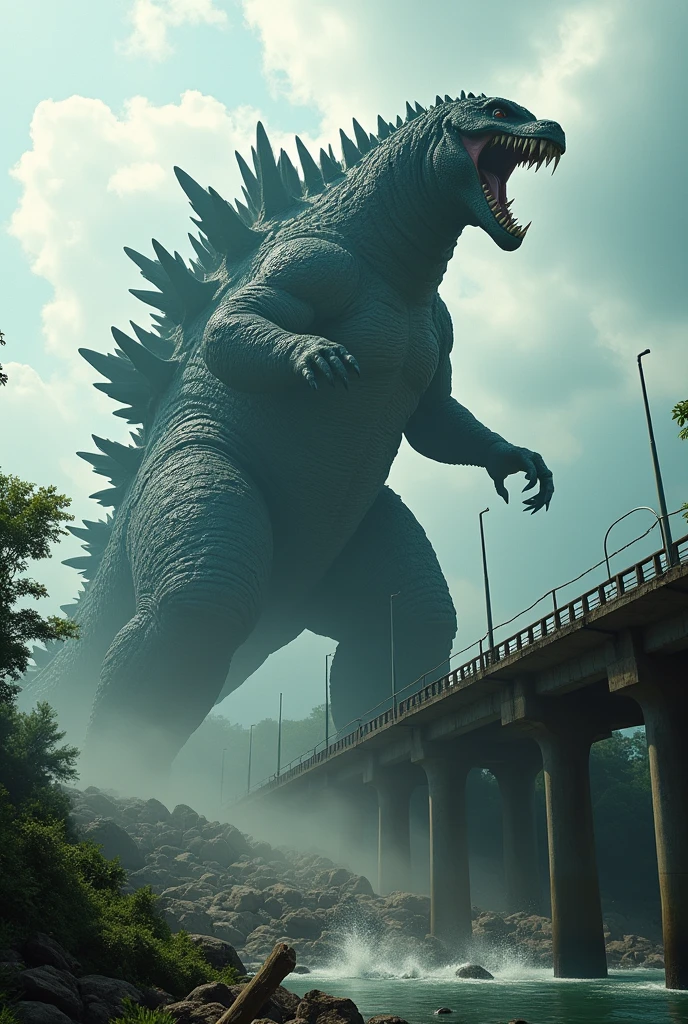 Tilt shift photography a large godzilla monster attacking and smashing a detailed, realistic bridge in pulau pinang, malaysia, dramatic lighting, cinematic scene, epic action, highly detailed, 8k, photorealistic, masterpiece, volumetric lighting, intricate architecture, dramatic clouds, splash effects, cinematic composition, muted color palette