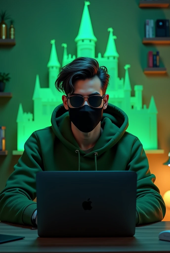 A stunning 3D render illustration of a young, confident man exuding intelligence and style black face mask, a green hoodie wearing a black sunglasses  . She is sitting behind his MacBook in his office, . It is night. The room has volumetric green lighting. He is front facing to the camera, looking straight and centered, central portrait, sitting straight, front view, centered looking straight.. Her hair is stylish he wear a black sunglasses which cover his eyes .cascading down her shoulders. The cozy, intimate background showcases a gaming lover, including a prominent fortress or castle. This vibrant space is a reflection of her unique personality and interests, creating an inviting atmosphere., 3d render, illustration