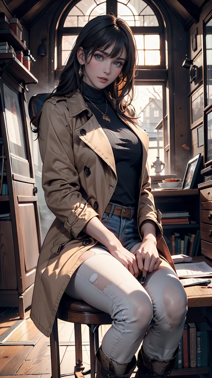 (Suspense Scene ((Concept Art)), Highly detailed image of a girl in jeans and a brown coat and boots), (Better lighting, Better Shadows, Very delicate and scary), (Digital Illustration), ((4K Painting)), [(Dynamic Angle,((One person)),Gray Hair, (Beautiful Face, Perfect Face, Scared,) Expressions of fear, Torn clothes, Holding a gun in your hand, Sitting on the floor, darkness, Scary House),  [:(dark, mysterious, Game Paint, An ominous setting, Jagged Hallway, Big House, silence):]