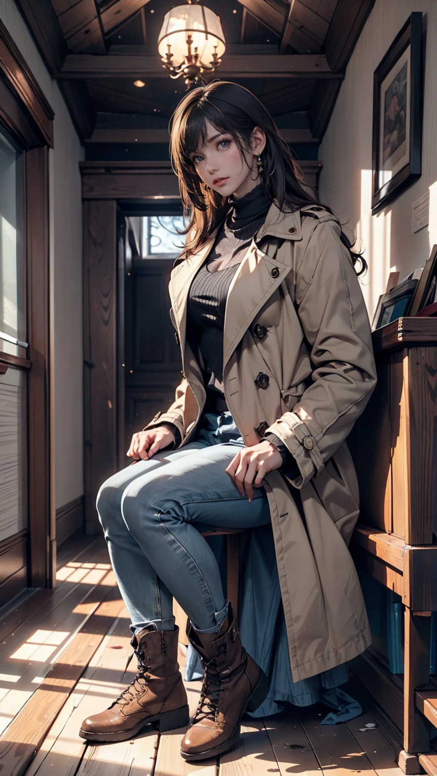 (Suspense Scene ((Concept Art)), Highly detailed image of a girl in jeans and a brown coat and boots), (Better lighting, Better Shadows, Very delicate and scary), (Digital Illustration), ((4K Painting)), [(Dynamic Angle,((One person)),Gray Hair, (Beautiful Face, Perfect Face, Scared,) Expressions of fear, Torn clothes, Holding a gun in your hand, Sitting on the floor, darkness, Scary House),  [:(dark, mysterious, Game Paint, An ominous setting, Jagged Hallway, Big House, silence):]