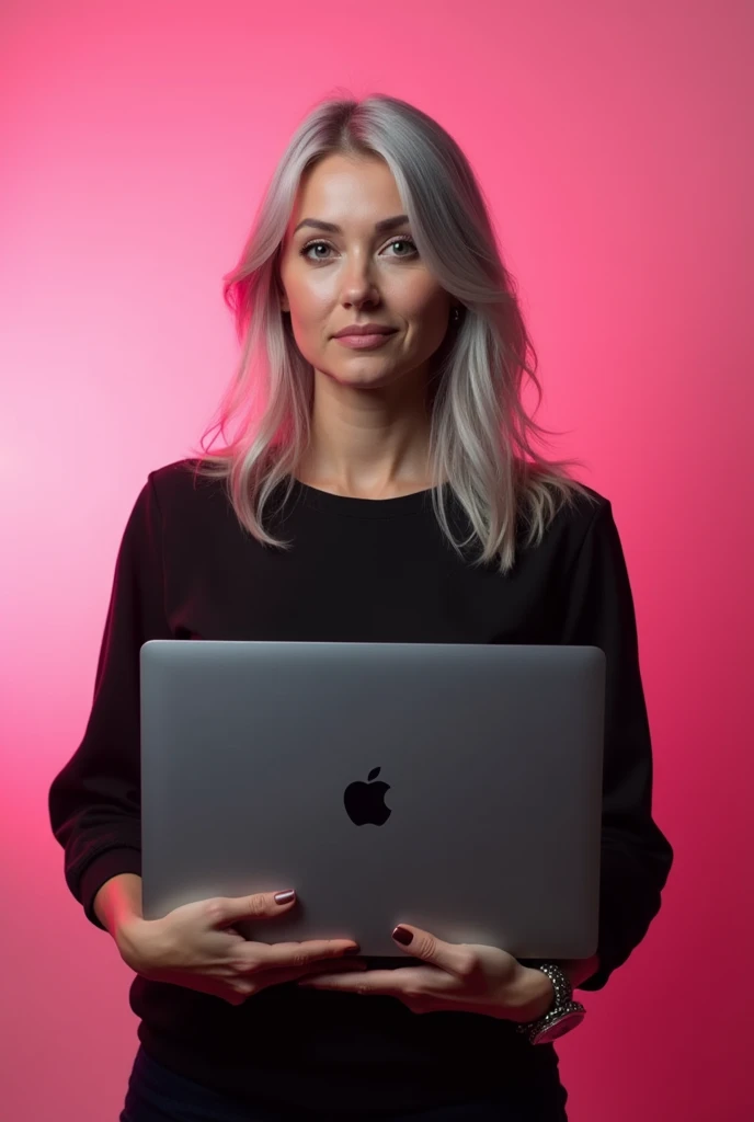 woman, 30 years, holding a laptop in their hands, Anna Nikonova, aka Newmilky, Ava Max, Portrait of Kim Petras, Photo of the model, light gray hair, hair below the shoulders, pink atmosphere, black top, standing straight, looks at the camera