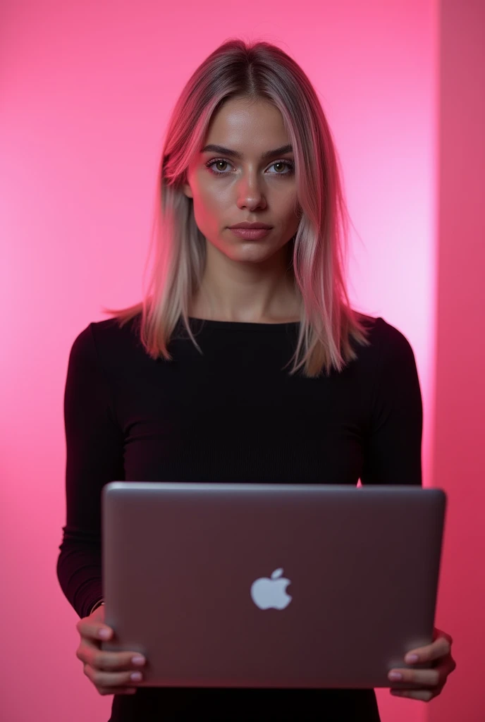 woman, 30 years, holding a laptop in their hands, Anna Nikonova, aka Newmilky, Ava Max, Portrait of Kim Petras, Photo of the model, light gray hair, hair below the shoulders, pink atmosphere, black top, standing straight, looks at the camera