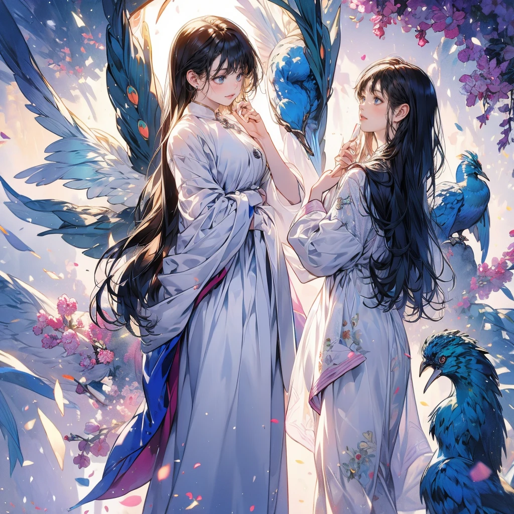 Girls wearing Ao Dai are sewn from thin silk or cotton cloth, With a long one、Close fitting white style,Very refined, The peacock pattern on the front of the shirt is very detailed, The girl is standing in a very gorgeous space,There are a lot of details