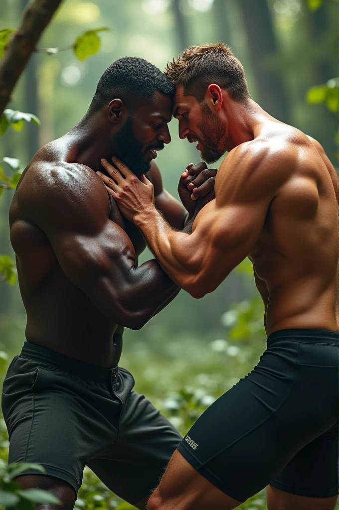 Young muscular white man in leggings bulg fighting a muscular black man in the woods