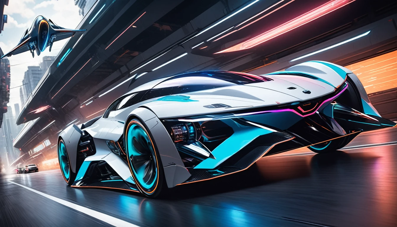 Car photography, RAW photo, A car that transforms into a space jet, Fly through the air in flight mode, Futuristic, cutting-edge design, Automatic Control System, Equipped with AI intelligence, Fully digital control technology, cyber punk