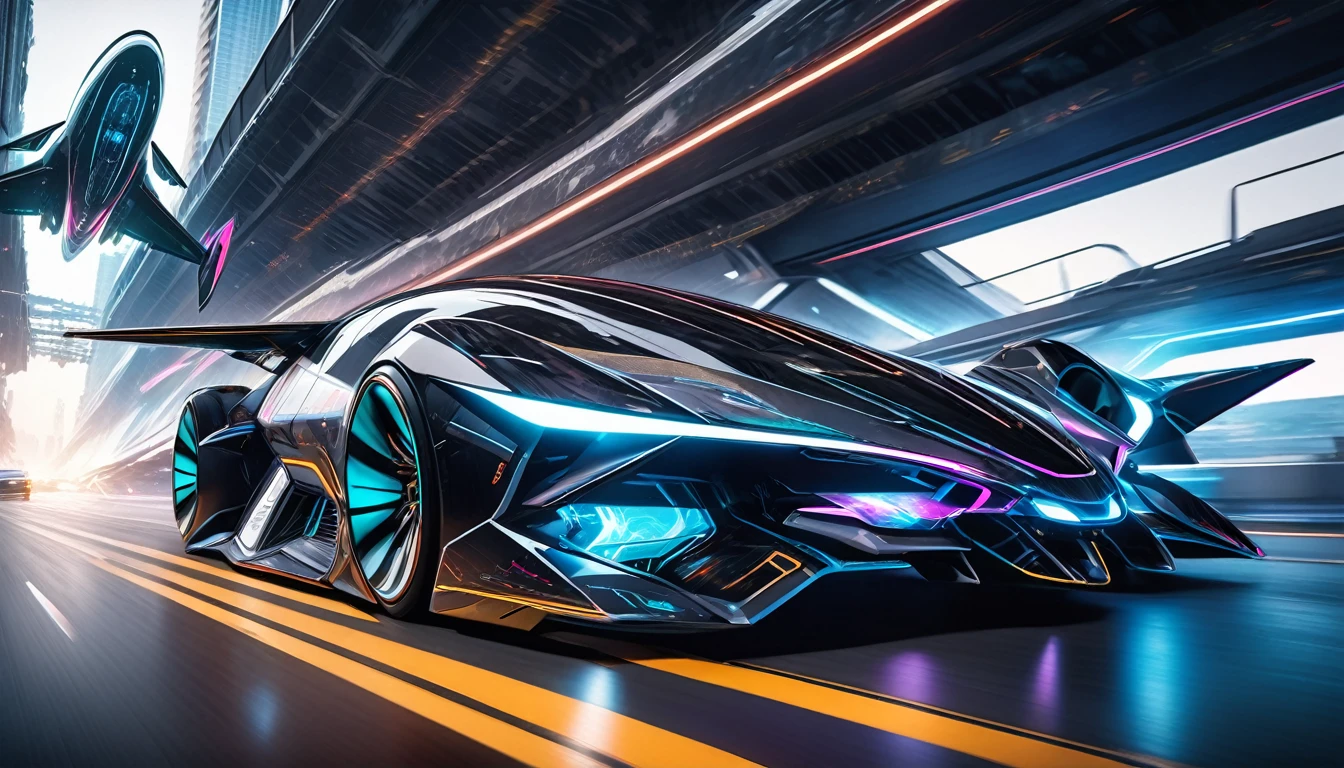 Car photography, RAW photo, A car that transforms into a space jet, Fly through the air in flight mode, Futuristic, cutting-edge design, Automatic Control System, Equipped with AI intelligence, Fully digital control technology, cyber punk