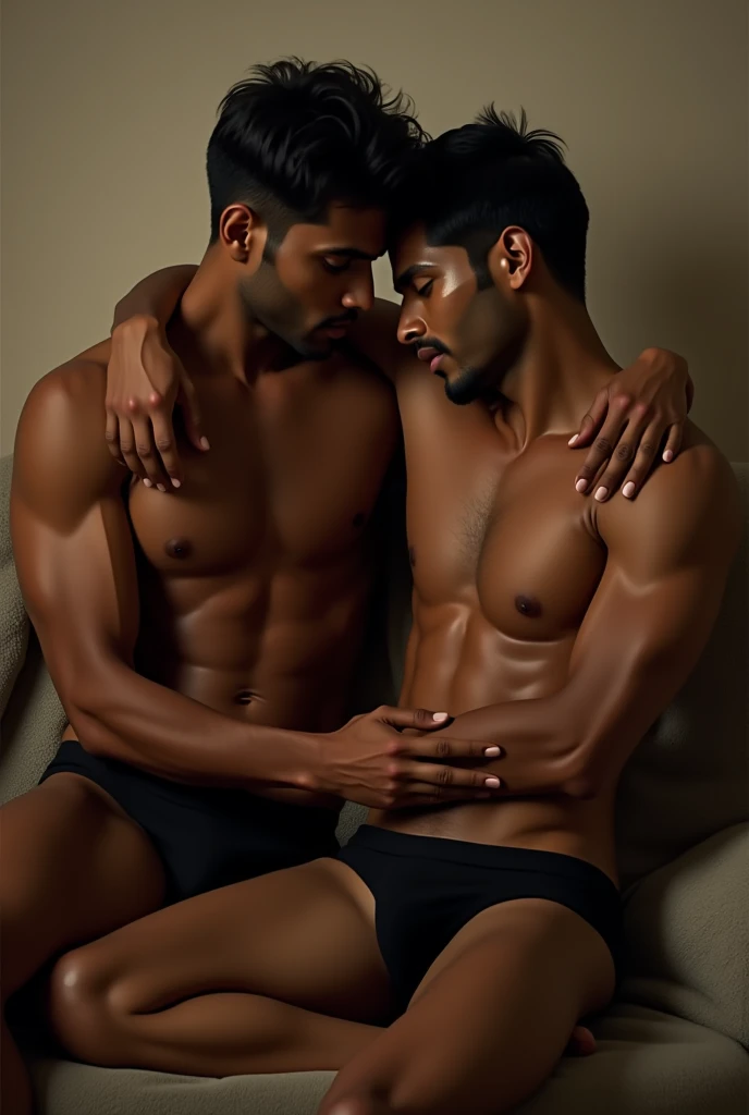 A Indian man sitting on his boy friend lap   both 2 man's were black trunk underwear