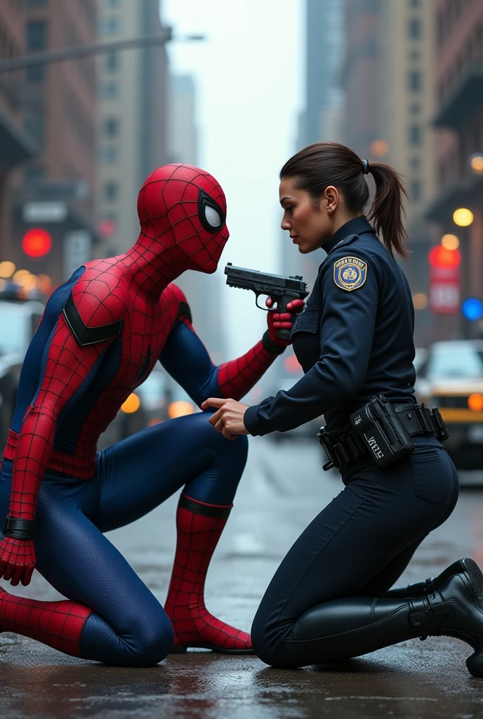 a fight between Spider-Man and the lady police and the lady police is stopping Spider-Man from moving forward, She taking gun in her hand and Spiderman an kneeling down in front of lady police