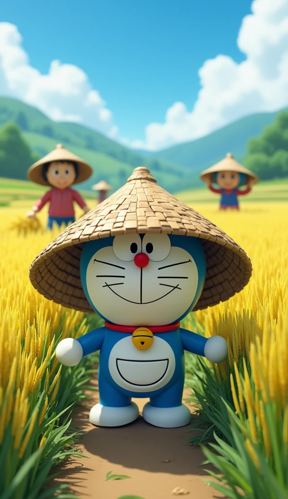 Doraemon starts to help the farmers harvest rice, work hard and be happy.
Wear a leaf hat 