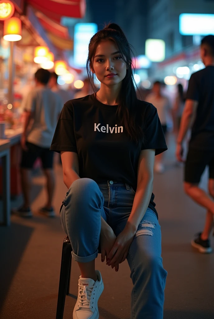 professional portrait photograph of a gorgeous 35years old white women, medium curve body(big breast), ponytail hair(shiny black), cute natural makeup, wearing casual black (printing with text kelvin)t-shirts and tight jeans, (nike sneakers), many people((sitting in a chair at nights in the streets market)), ultra realistic, sexy elegant, highly detailed, intricate, sharp focus((full body)), depth of field, f/1. 8, 85mm, medium shot, mid shot, (((professionally color graded))), bright soft diffused light, (volumetric fog), trending on tiktok, hdr 4k, 8k