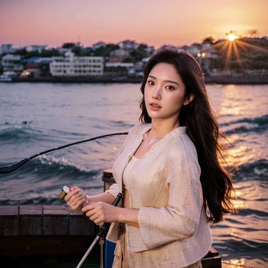 (Highest quality, High resolution,  masterpiece :1.3),
(Photo realistic: 1.4), 
(super Realistic: 1.4), 
(Realistic: 1.3), 
(Smooth lighting: 1.05), 
(Improving the quality of cinema lighting: 0.9), 
Realistic lighting, 
Ray Tracking, 
(Bright light: 1.2), 
(Quality improvement: 1.4)
(High-quality, realistic textured skin: 1.4), 
1 person, 
beautiful girl, 
27-years-old, 
(slender), 
(white t-shirt), 
(Very small, flat chest), 
realistic background, 
Black Hair, 
Brown eyes, 
Detailed face, 
Quality Eyes, 
(Enhances the body line: 1.1), 
Idol, 
actress, 
holding a fishing rod
(background, fishing port, sunset, pier, fishing boat, sea, waves), 
fisherman
