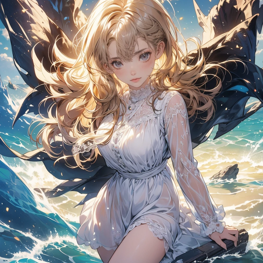 ( absurd , high quality , Extremely detailed, careful hand )Constellation - Gemini Goddess , Similar to Latin goodness , Solitary . curious, skilled, humor, Tempting, imaginative face , Sometimes unrealistic, anxiety, nervous, careless style , Mature , Light brown eyes , Long hair , Light Blonde Hair , Transparent dress , Lace underwear , in the windswept sea , whole body , Flirty look ,