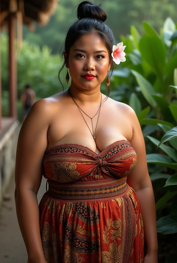 (hyperrealistic photo), exotic indonesian woman, plump, natural big breasts, a jasmine flower on her ear, tied bun hair, knee-lenght batik tubedress with intricate javanese details, looking at the viewer, natural light, wide angle full-body shot, javanese village in the background,