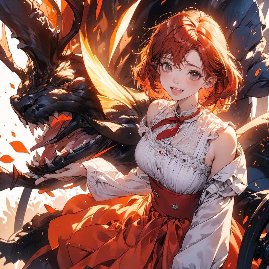 (Awkward), Red hair, Orange Hair, WeriArt Style, 1 Girl, blush, Upper Body, Very detailed eyes, Hiring, clavicle, Ruffle dress, open mouth