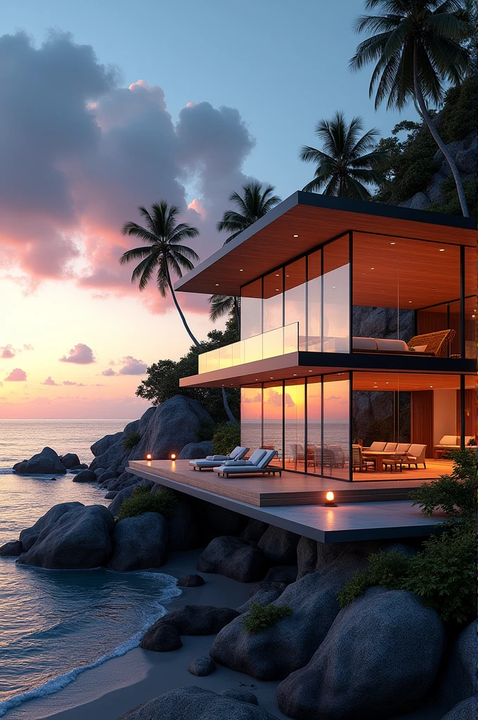 A luxurious house of glass, with lamp lights at beachfront and coconut trees At sunset sea view
