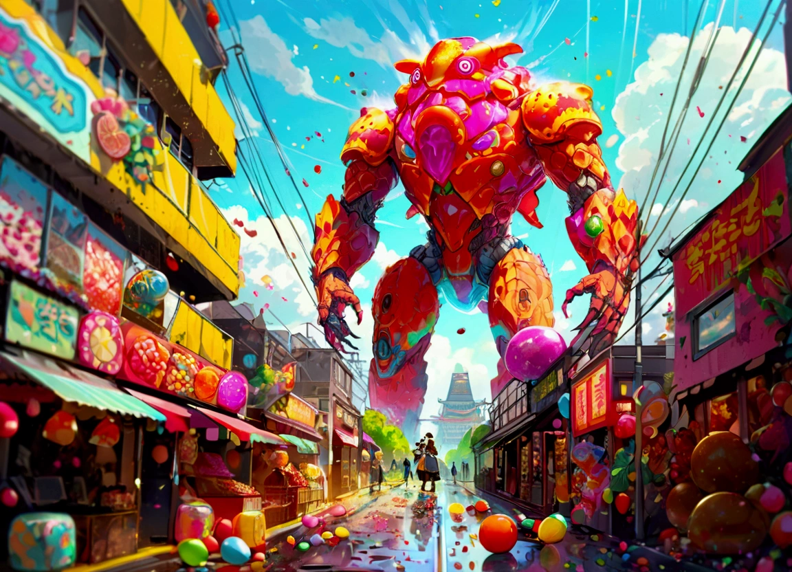 Giant Kaiju made of bright bits of fruit salad battle in a candy land Tokyo, Steam Punk styling