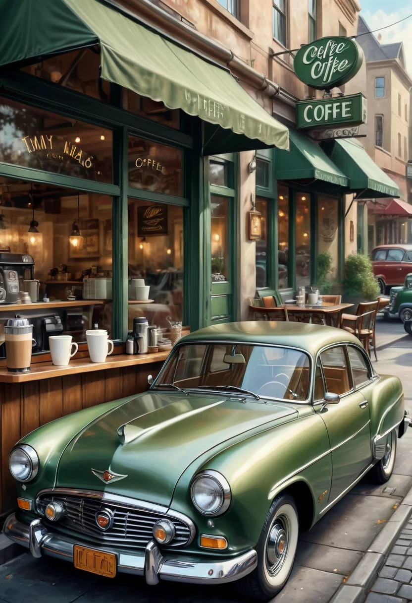 ( perfect anatomy )masterpiece, Exquisite, delicate, fresh and elegant aesthetic style airbrush digital oil painting exquisite artwork creates a refreshing morning coffee shop scene photo,
Army green vintage car(Unique style)Close-up of a vintage car( perfect anatomy ) Elegantly parked on the street next to a coffee shop.coffee shop scene masterpiece,
Very detailed, Realistic original photos, Best film quality, Extremely fine texture, High-quality work by a master artist