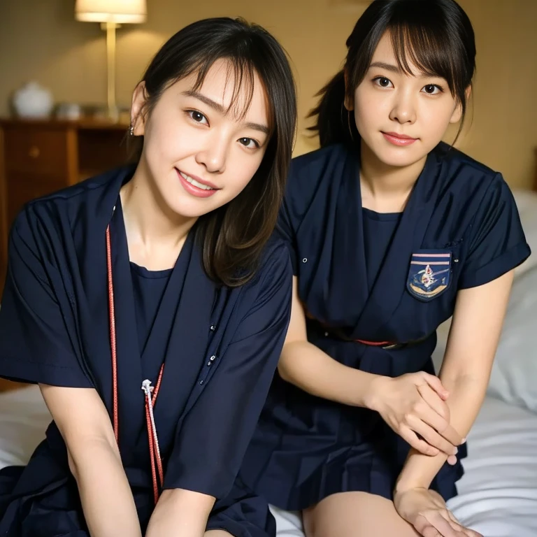 (Masterpiece, Best quality:1.4), (Ultra realistic, Photo-realistic:1.2), Natural light, 25 years old actress, Japanese women, Neat and clean, (Sailor suit, short sleeve suit:1.2), (Dark navy skirt:1.3), (Dark navy ribbon:1.2),(Ponytail:1.2), Short wavy hair, Light brown hair color, (Beautiful Face), Oval face, clear, (Beautiful eyes, Kind eyes), (Clear skin), Small face, (Small mouth), (Beautiful mouth), Natural makeup, Approachable, Luxury hotel Suite room, On bed, Seductive smile, (Seductive pose:1.2), (Beautiful thighs:1.1), (Bedroom eyes), (nsfw:1.1), (lesbian couple:1.1), (petting together), obscene reality of girls, (crotch rub:1.1), (small breasts:1.1), (Beautiful breasts:1.1), small nipples, (doggystyle:1.1),