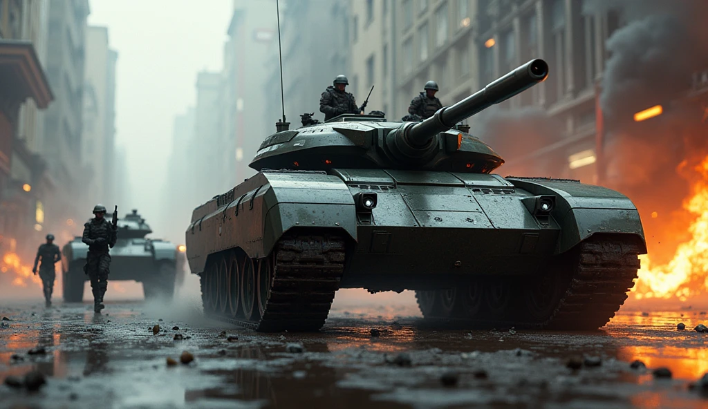 Enemy tank units attacking the city, futuristic armored tanks with curved surfaces, accompanying infantry soldiers running around, detailed military vehicles, realistic military uniforms and equipment, dynamic military action scenes, burning flames in the background, dust and debris flying debris, cinematic lighting, gloomy and stagnant atmosphere, terrible reality of the battlefield Close-up view of the armored fighting vehicle, conveying the terrible reality of the battlefield,