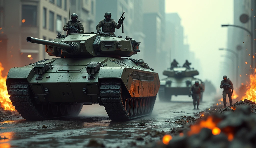 Enemy tank units attacking the city, futuristic armored tanks with curved surfaces, accompanying infantry soldiers running around, detailed military vehicles, realistic military uniforms and equipment, dynamic military action scenes, burning flames in the background, dust and debris flying debris, cinematic lighting, gloomy and stagnant atmosphere, terrible reality of the battlefield Close-up view of the armored fighting vehicle, conveying the terrible reality of the battlefield,