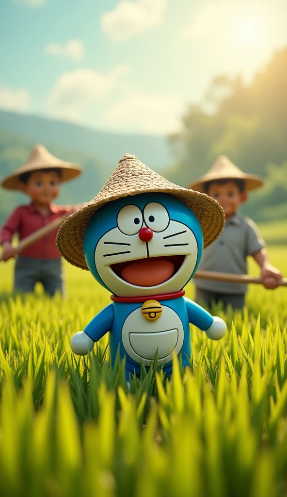 Doraemon starts to help the farmers harvest rice, work hard and be happy.
Wear a leaf hat 
