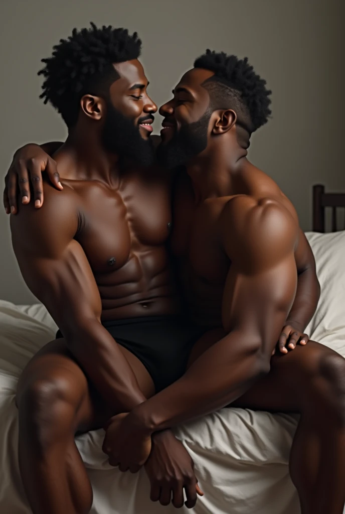 A  man sitting on his boy friend lap   both 2 man's were black trunk underwear