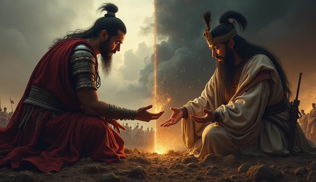 "A powerful split scene showing Alexander the Great on one side, wounded in battle, and Emperor Qin Shi Huang on the other, holding the mercury elixir."
"Both figures are depicted in moments of tragic realization, with dark clouds gathering above them."
"The scene symbolizes their shared hubris and the ultimate downfall that came from their belief in their own invincibility