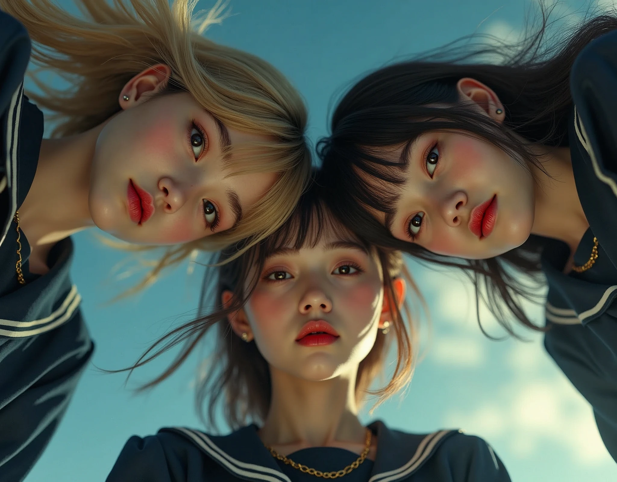 (((masterpiece))), (((Highest quality))), ((Very detailed)), (photograph), Best_Quality, HDR, photorealistic masterpiece, Hi-Res, (paparazzi photo:1.2) of a group of 3 School Girls standing Surrounding the camera in Upward composition, (European face variations:1.4), {Looking down at the camera | (Kissing face to face)}, (close:1.2, legs closeup from below:1.4), (Sky background), real skin pores. Extremely Detailed face variations, detailed Eyes, eyelashes, red lips with beautiful details, natural photorealistic skin. School Uniform, {Different types of hair colors | blond, redhead, brunette}, Different types of faces and races. Cinematic lights. Masterpiece, best quality, 8K, photo realistic, wallpaper, wallpaper 8k, photographic contest winner, Hyperrealistic art cinematic film still photography in the style of detailed hyperrealism photoshoot. [Entire scene is surrounded by lights, evoking a magical and eerie atmosphere. The lighting is bright and atmospheric, with smoke adding a touch of sinister ambiance. Best quality image, HDR enhancement, showcasing the utmost level of detail and realism]. [8K, Best Quality, Ultra High Resolution, (highly detailed CG unity 8k wallpaper), (best photo), (best shadows), isometric 3D, octane rendering, ray tracing, highly detailed, (Best quality, 4K, 8k:1.2), absurdity, ultra detailed, (realistic, photorealistic, photorealistic:1.37), complex parts, HDR, (complex parts:1.12), (hyper detailed, hyper realistic, Soft lighting, spicy:1.2), (complex parts, Hyper detailed:1.15). Blurred foreground. (backlit), masterpiece, high quality, brightness, chromatic aberration, foggy smoke, shadows, contrast, clear sky, (warm hue, warm tone), high details, natural reflections].